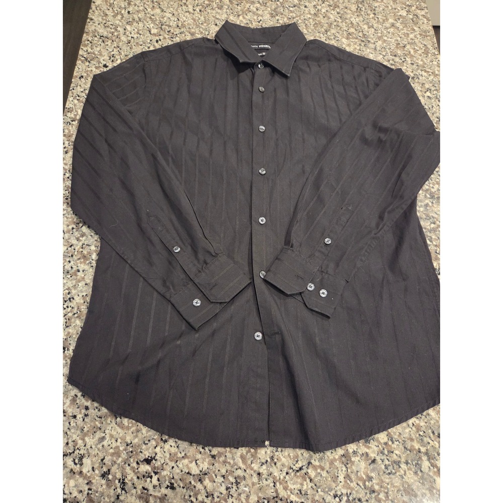 John Henry Button Down Shirt Mens M Black Shadow Stripe Modern Fit Long Sleeve